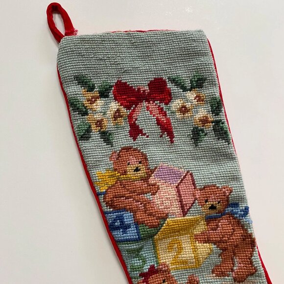 Vintage Needlepoint Christmas Stocking Bears and Toys Xmas Holiday Decor - Picture 2 of 5